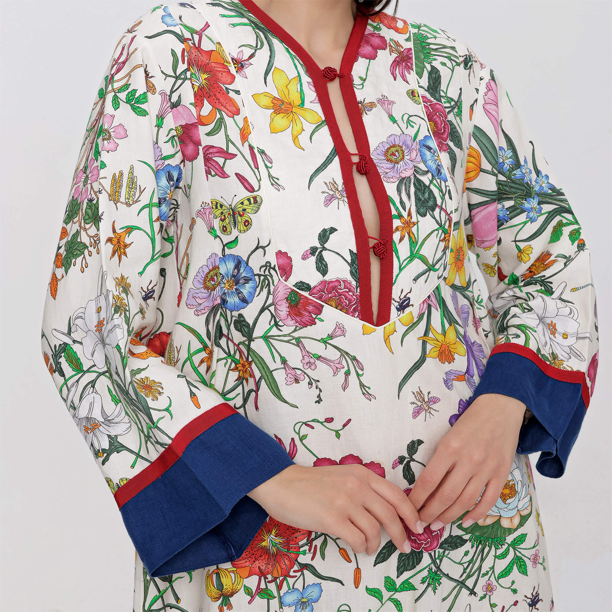 Gucci - Multicolour Linen Floral Print Navy Trim Kaftan